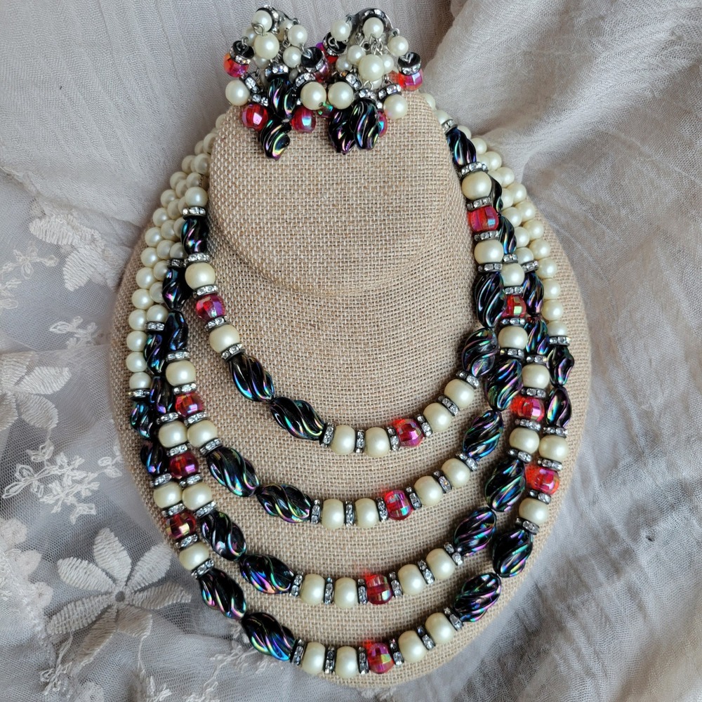 Hobe signed bib necklace and waterfall earrings set beaded aurora borealis pearl